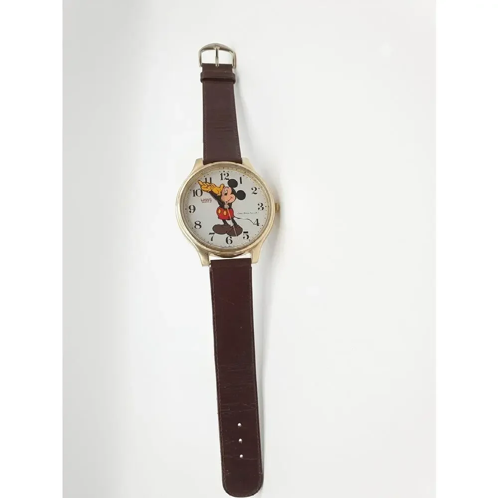 Vintage Lorus Disney Mickey Mouse Quartz Watch – Gold Tone Case, Brown Strap